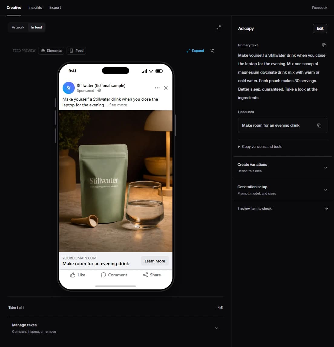 Actual Stillwater feed preview, with product image, opening copy, headline and Learn More button
